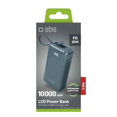 2. Powerbank SBS 10000 mAh 20W z wbudowanym kablem USB-C i wyświetlaczem cyfrowym - szary