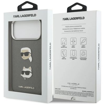 8. Etui Karl Lagerfeld FW Grained Karl & Choupette Heads Pins & Logo na iPhone 17 Pro Max - szare