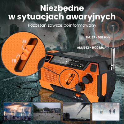 45. Extralink RADIO AWARYJNE SOLARNE Z KORBKA DYNAMO POWERBANK 4000MAH Z LATARKA SOS SR-4000 Przenośny Analogowy Czarny, Pomarańczowy