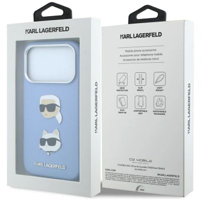 8. Etui Karl Lagerfeld Saffiano with Karl & Choupette Heads Pins & Logo na iPhone 18 Pro / 17 Pro - jasnoniebieskie