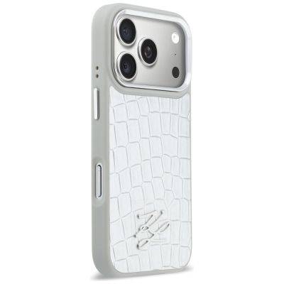 4. Etui Karl Lagerfeld Croco KL Script Logo MagSafe na iPhone 17 Pro Max - srebrne