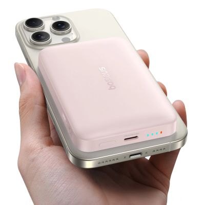 2. Powerbank Baseus EnerFill FM11 Ultra-Mini 10000mAh 22,5W indukcyjny kompatybilny z MagSafe z białym kablem Basus Simple USB-C 20V/3A 0,3m - różowy