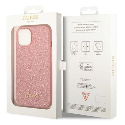 8. Etui Guess Glitter Script na iPhone 14 Plus - różowe