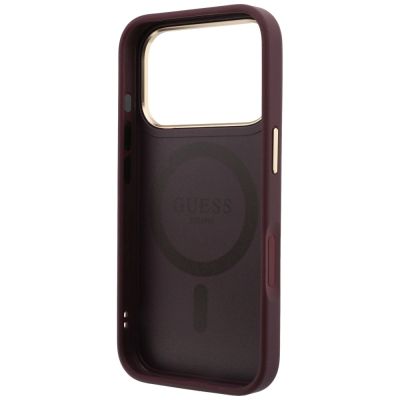 7. Etui Guess Ring Stand 360 Grained Classic Logo MagSafe na iPhone 18 Pro / 17 Pro - burgundowe
