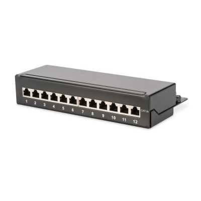 Digitus Panel krosowy desktop 12x RJ45, LSA poziom, kat.6A, ekranowany, czarny, prowadnica kabli