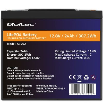 5. QOLTEC AKUMULATOR LIFEPO4 LITOWO-ŻELAZOWO-FOSFORANOWY | 12.8V | 24AH | 307.2WH | BMS