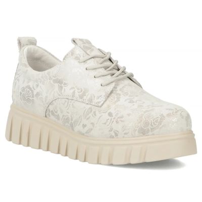 Skórzane półbuty na platformie w kwiaty srebrne DP6846 Filippo