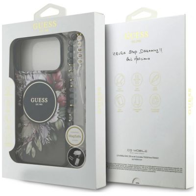 8. Etui Guess IML Flowers Pearl Strap MagSafe na iPhone 18 Pro Max / 17 Pro Max - czarne
