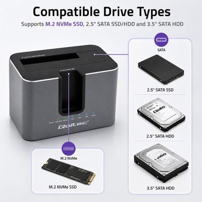 3. Qoltec 52631 Stacja dokująca HDD SSD | SATA | M.2 NVMe | Klonowanie | USB-C | 10Gb/s | 28TB
