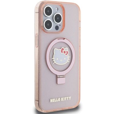4. Etui Hello Kitty Ring Stand Glitter Electrop Logo MagSafe na iPhone 15 Pro Max - różowe