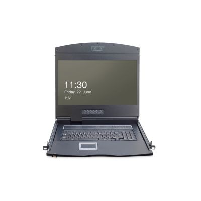 7. Digitus Konsola modułowa z monitorem TFT o przekątnej 19” (48,3 cm), 16-portowym przełącznikiem KVM Cat. 5 & touchpadem, klawiatura niemiecka