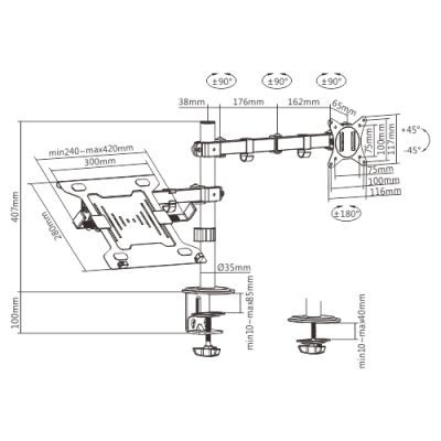 2. GEMBIRD BIURKOWE REGULOWANE RAMIĘ/UCHWYT Z RAMIENIEM NA MONITOR I PODSTAWKĄ NA NOTEBOOKA 17-32, 100X100MM, DO 9KG