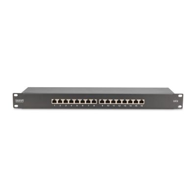 3. Digitus Panel krosowy (patch panel) 19'' 16x RJ45, LSA poziom, kat.6, ekranowany, 1U, czarny, prowadnica kabli