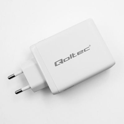 6. Qoltec Ładowarka sieciowa 100W GaN  | 5-20V | 1.5-5A | 2 x USB-C PD | 1 x USB QC 3.0 | Biała