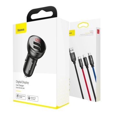 17. Baseus ładowarka samochodowa 2x USB 4,8A 24W z LCD + kabel 3w1 USB - USB Typ C / micro USB / Lightning 1,2m czarny (TZCCBX-0G)