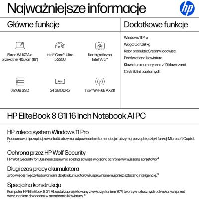 50. HP EliteBook 8 G1i AI PC Intel Core Ultra 5 225U Laptop 40,6 cm (16") WUXGA 24 GB DDR5-SDRAM 512 GB SSD Wi-Fi 6E (802.11ax) Windows 11 Pro Srebrny