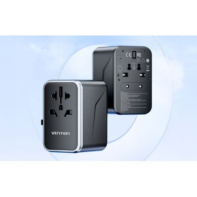 10. Uniwersalny adapter podróżny z ładowarką Vention 65W GaN 2x USB-A 2x USB-C czarny