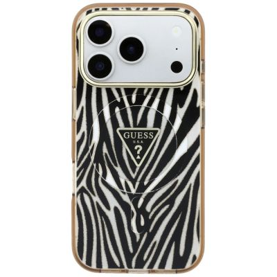 3. Etui Guess IML Zebra Glitter Triangle Logo MagSafe na iPhone 17 Pro Max / 18 Pro Max - złote