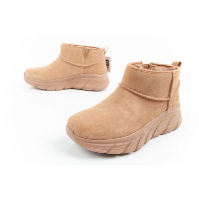 8. Skechers buty zimowe damskie botki za kostkę ocieplane skórzane brązowe