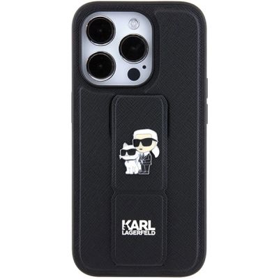 4. Etui Karl Lagerfeld Gripstand Saffiano Karl&Choupette Pins na iPhone 15 Pro - czarne