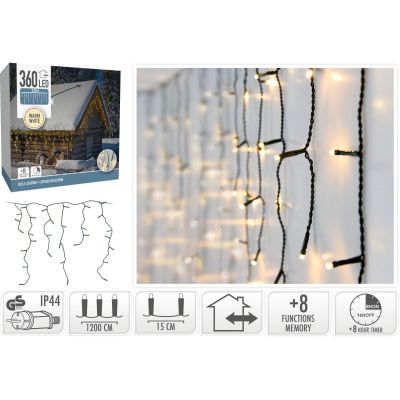 22. LAMPKI CHOINKOWE KURTYNA ŚWIETLNA ZEW 360 LED STEROWNIK TIMER CIEPŁY BIAŁY KABEL ZIELONY