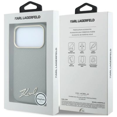 8. Etui Karl Lagerfeld Saffiano Small Script Metal Logo MagSafe na iPhone 17 Pro Max / 18 Pro Max - beżowe