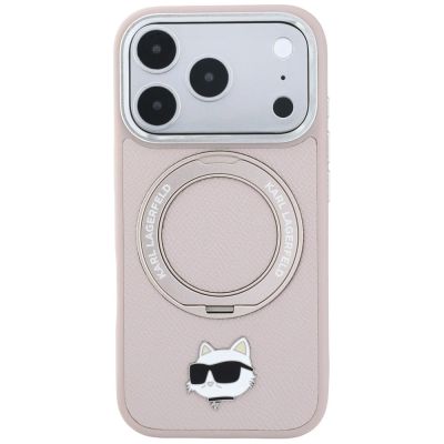 3. Etui Karl Lagerfeld with Ring Stand 360 Choupette Head Pin MagSafe na iPhone 18 Pro / 17 Pro - różowe