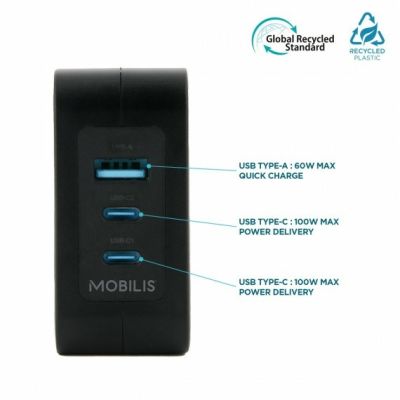3. Mobilis Charger 100W 2USB C 1USBA GaN cable 100W Laptop, Smartfon, Tablet Czarny Prąd przemienny Wewnętrzna