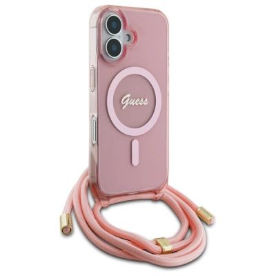 3. Etui Guess Crossbody Cord Script MagSafe na iPhone 16 - różowe