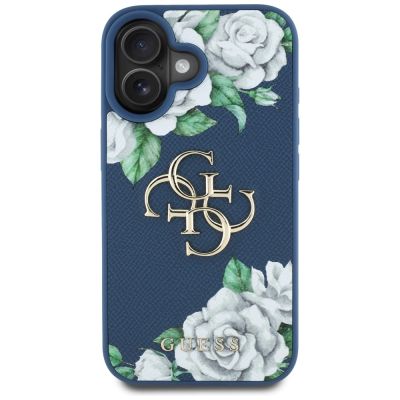 3. Etui Guess Grained Roses Big 4G logo na iPhone 16 - niebieskie