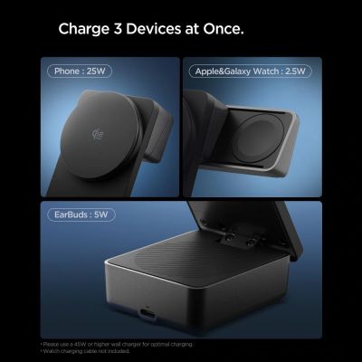 8. Ładowarka bezprzewodowa magnetyczna Spigen Essential Qi2.2 25W 3in1 MagSafe - czarna