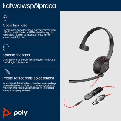 54. POLY Jednouszny zestaw słuchawkowy USB-C Blackwire 5210 + wtyczka 3,5 mm + przejściówka USB-C/A