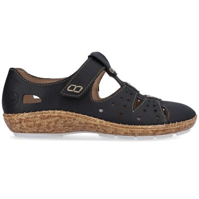 2. Skórzane półbuty damskie ażurowe komfortowe na rzep czarne Rieker 44852-14