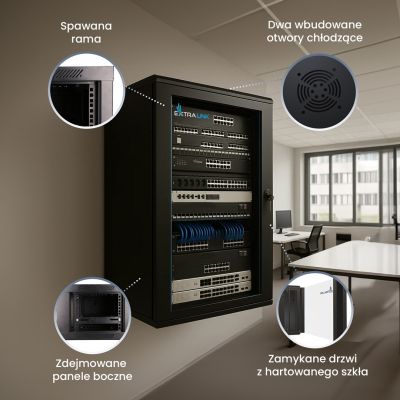 9. Extralink Szafa rack 18U 600x600 Czarna montowana na ścianie