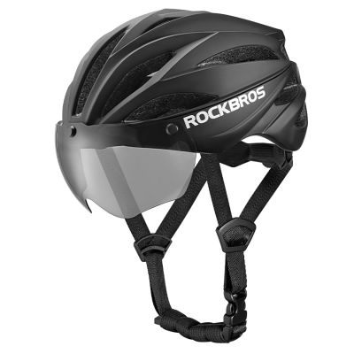 2. Kask rowerowy Rockbros z szybką, odpinane okulary z ochroną UV, unisex - czarno-brązowy