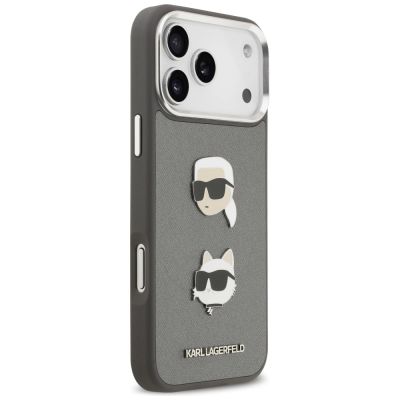 4. Etui Karl Lagerfeld FW Grained Karl & Choupette Heads Pins & Logo na iPhone 17 Pro Max - szare
