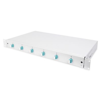9. Panel krosowy FO z wyposażeniem 19'' 1U, 6x LC dx, OM3, pigtaile, adaptery, tacki, wysuwany, szary