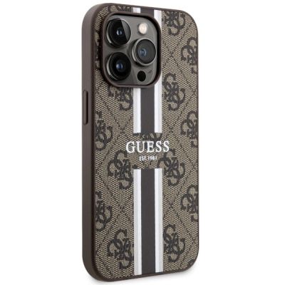 4. Etui Guess 4G Printed Stripes MagSafe na iPhone 14 Pro - brązowe