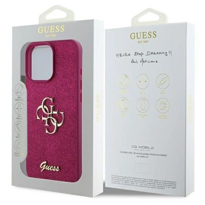8. Etui Guess Glitter Script Big 4G na iPhone 16 Pro - fioletowe