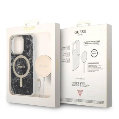 10. Etui Guess Marble MagSafe na iPhone 14 Pro + ładowarka indukcyjna - czarne