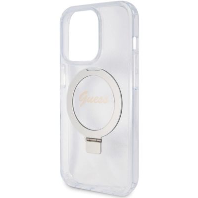 6. Etui Guess Ring Stand Script Glitter MagSafe na iPhone 15 Pro - przezroczyste