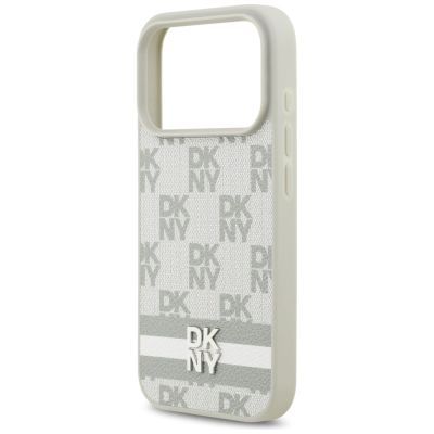 6. Etui DKNY Checkered with Printed Stripes na iPhone 17 Pro - beżowe