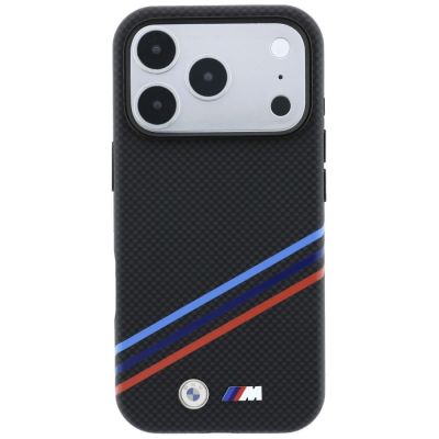 3. Etui BMW M Quadrille Kevlar Print Tricolor Lines & Metal Logo MagSafe na iPhone 18 Pro / 17 Pro - czarne