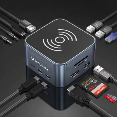 6. Hub USB-C 12 w 1 Wozinsky WHBC09Y8S wielofunkcyjny,z funkcją ładowania bezprzewodowego, aluminiowy, z kablem 15 cm - szary
