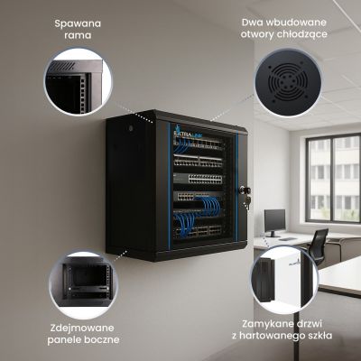 12. Extralink Szafa rack 4U 600x600 Czarna montowana na ścianie