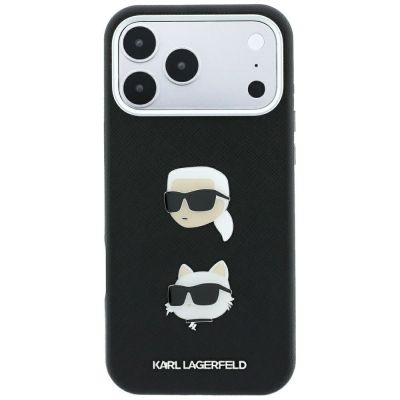 3. Etui Karl Lagerfeld Saffiano with Karl & Choupette Heads Pins & Logo na iPhone 18 Pro Max / 17 Pro Max - czarne