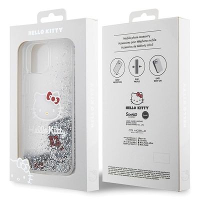 7. Etui Hello Kitty Liquid Glitter Charms Kitty Head na iPhone 15 - srebrne