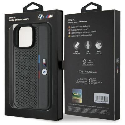 8. Etui BMW M Perforated Tricolor Detail Line na iPhone 16 Pro - ciemnoszare