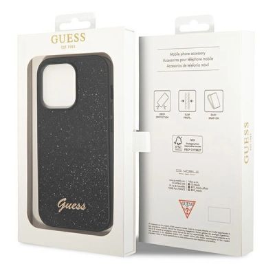 8. Etui Guess Glitter Script na iPhone 14 Pro - czarne