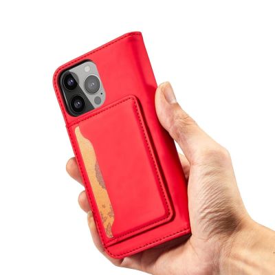 7. Magnet Card Case etui iPhone 14 Pro Max pokrowiec z klapką portfel podstawka czerwone